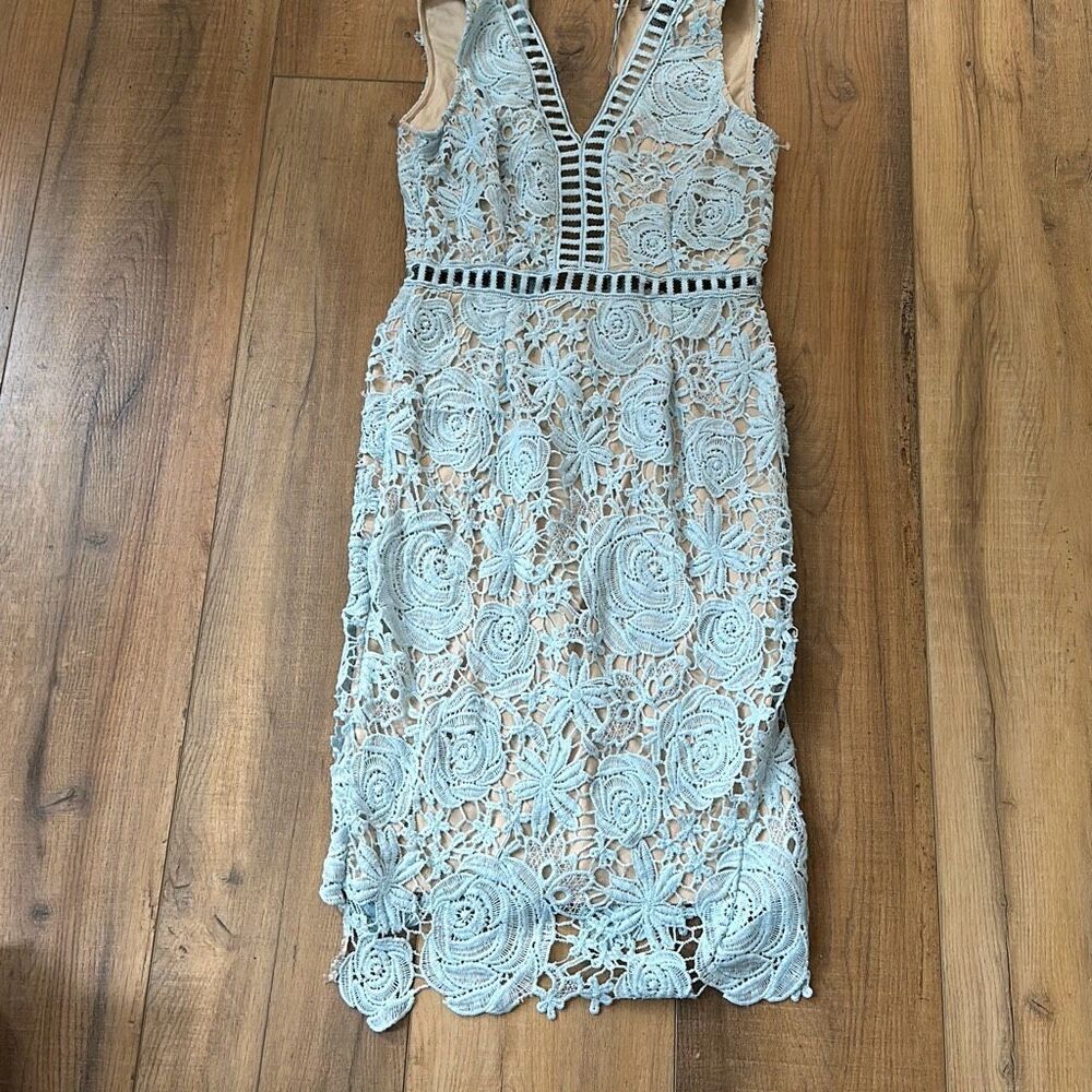 Love X Design Midi Dress Womens Medium Blue Sleeveless Lace Lattice Sheath